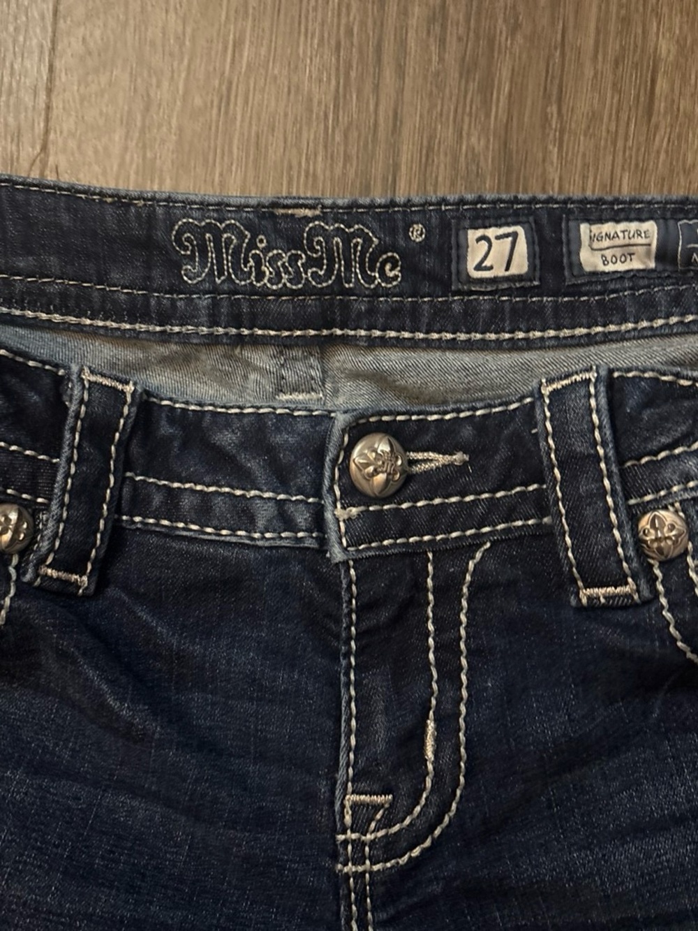 Miss Me Dark Blue Jeans with Gold Embossed Leather Patch - Picture 3 of 3